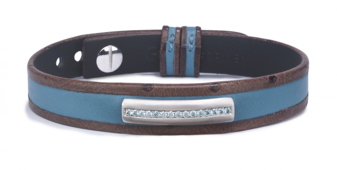 18k grey brushed gold and blue diamonds on navy blue veal leather and chocolate colored ostrich leather.